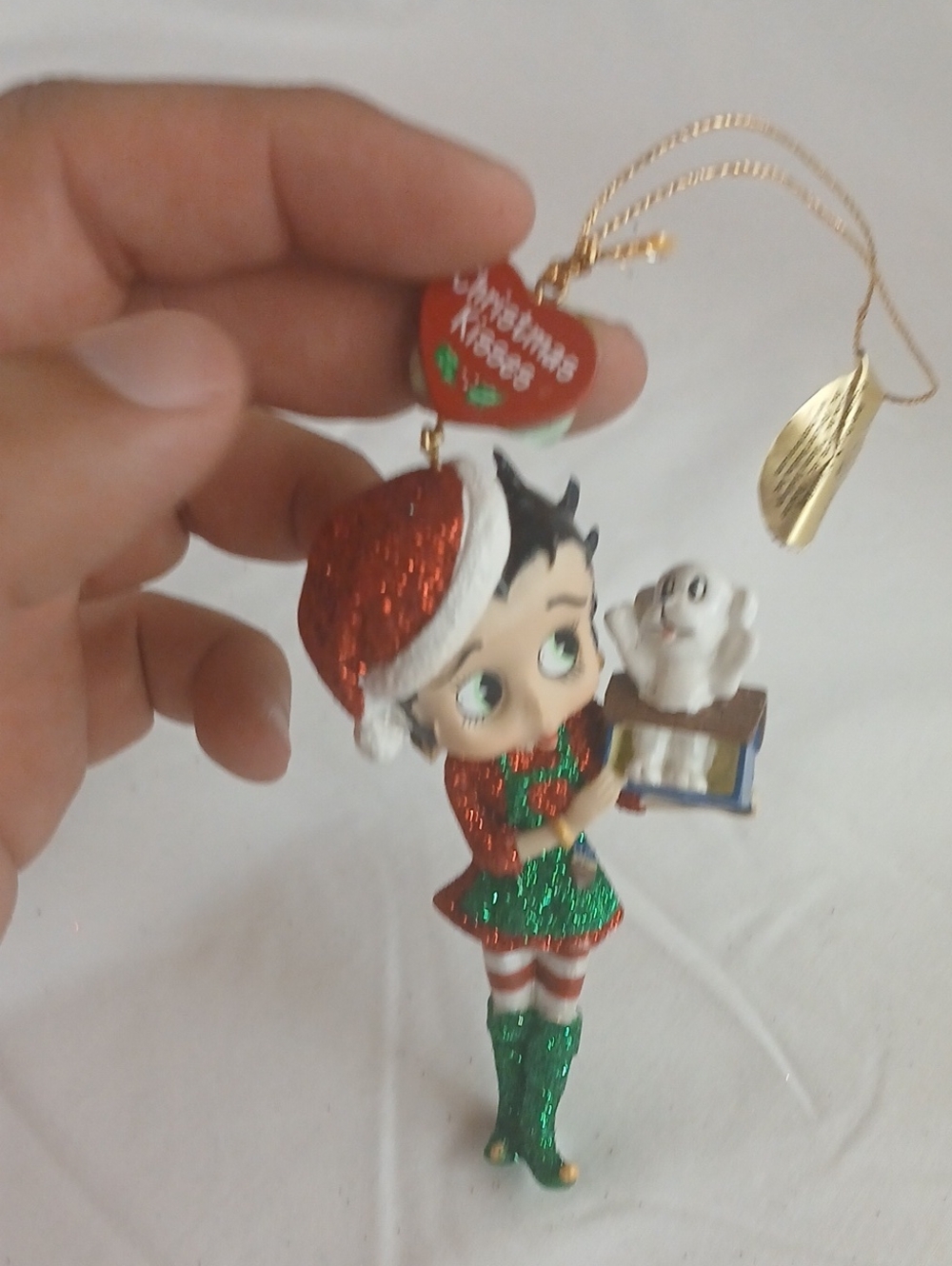 Betty Boop Glitter Holiday Ornament in Red and Green with Gold Loop